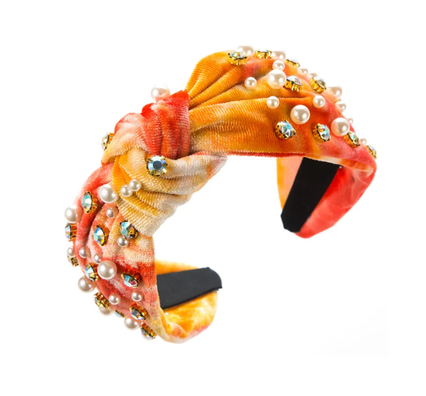 Velvet headband with orange pearl trim