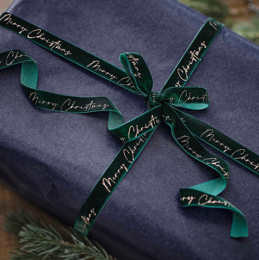 6m Merry Christmas velvet ribbon packaging tape in dark green