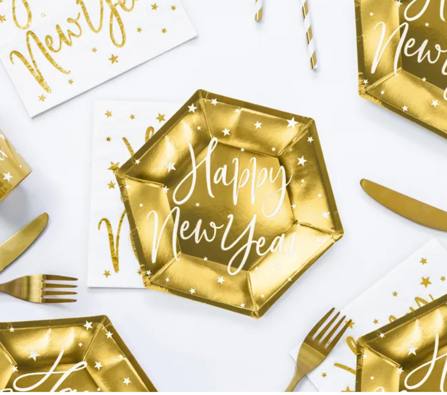 Happy New Year plate set in gold 
