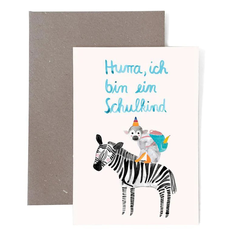 Greeting card for starting school *school child* with zebra and monkey