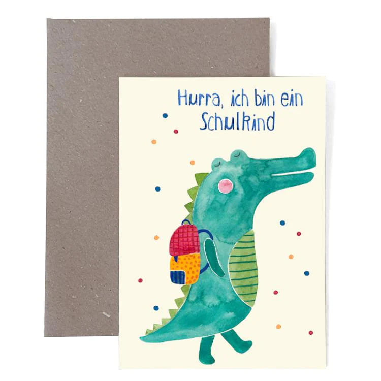 Greeting card for starting school *school child* with crocodile