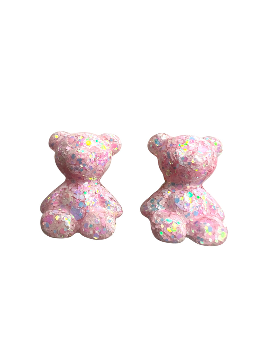 Handmade children's ear clips bear ice pink glitter