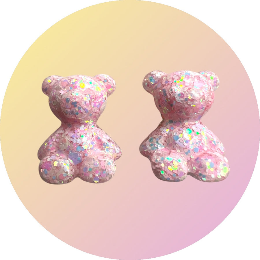Handmade children's ear clips bear ice pink glitter