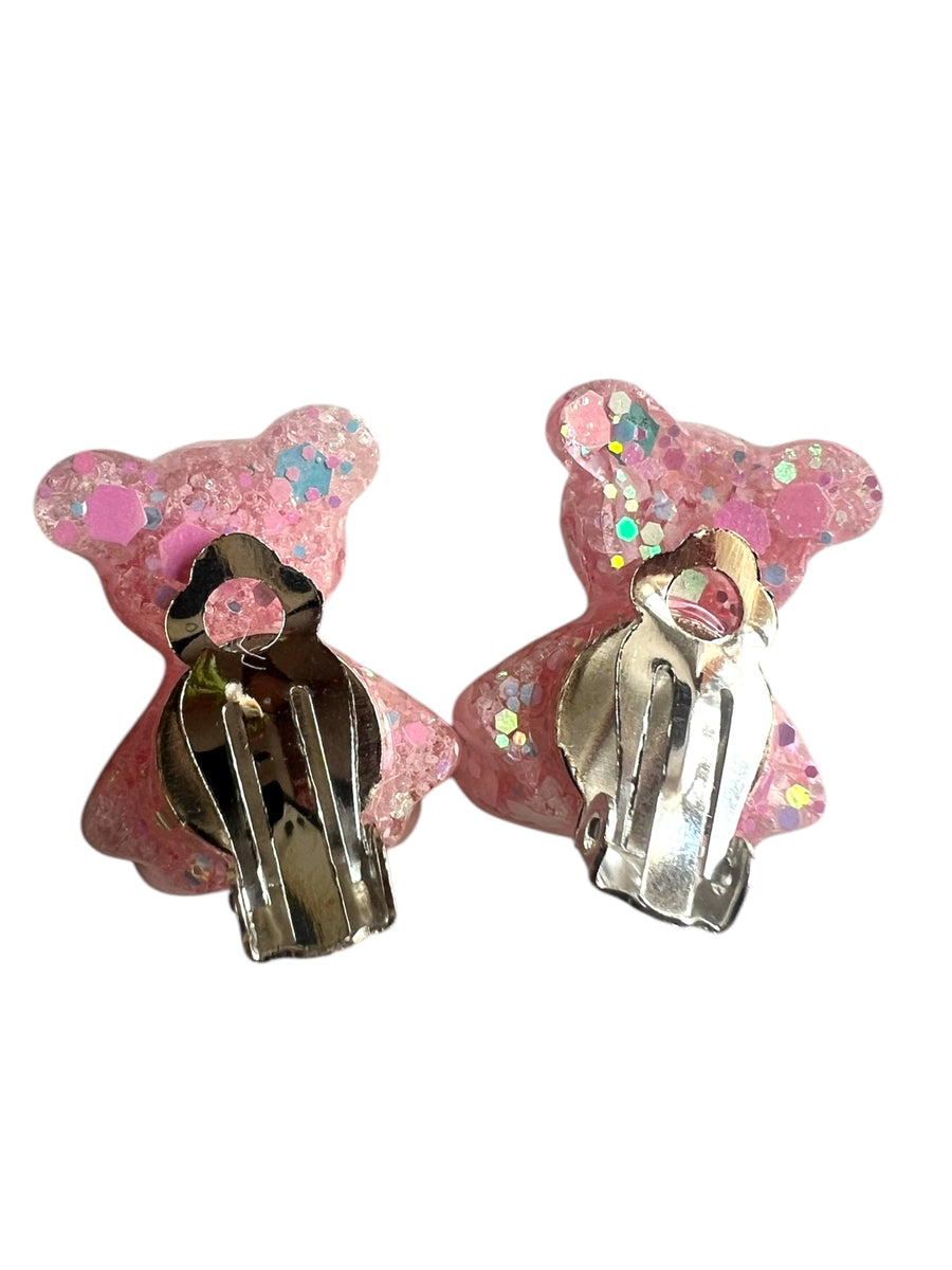 Handmade children's ear clips bear ice pink glitter