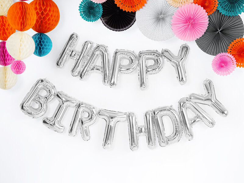 Happy Birthday balloon garland silver