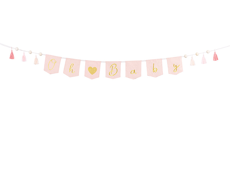 Baby shower garland made of fabric: Elegant banner Oh Baby with tassels, 2.5 m, light pink with cute fabric bunnies