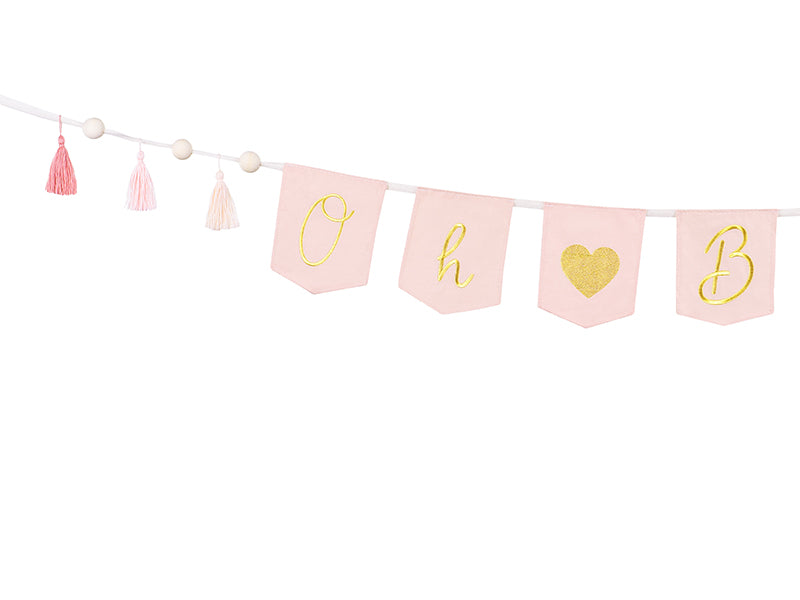 Baby shower garland made of fabric: Elegant banner Oh Baby with tassels, 2.5 m, light pink with cute fabric bunnies