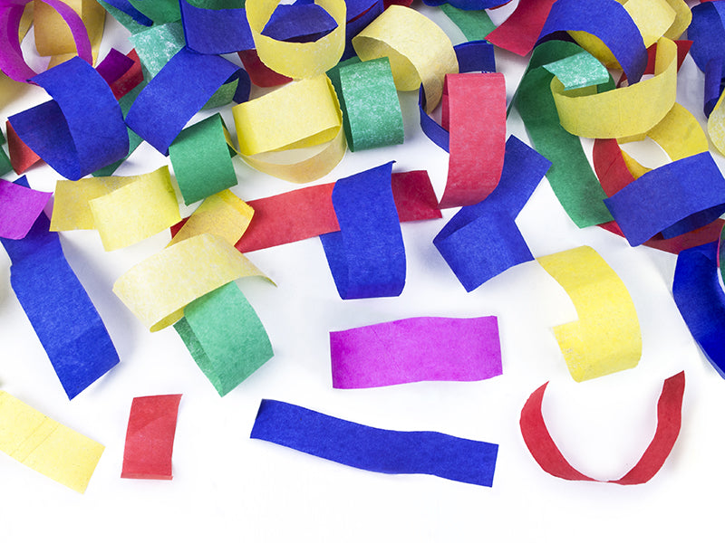Party fun: confetti cannon with colorful paper confetti in two sizes