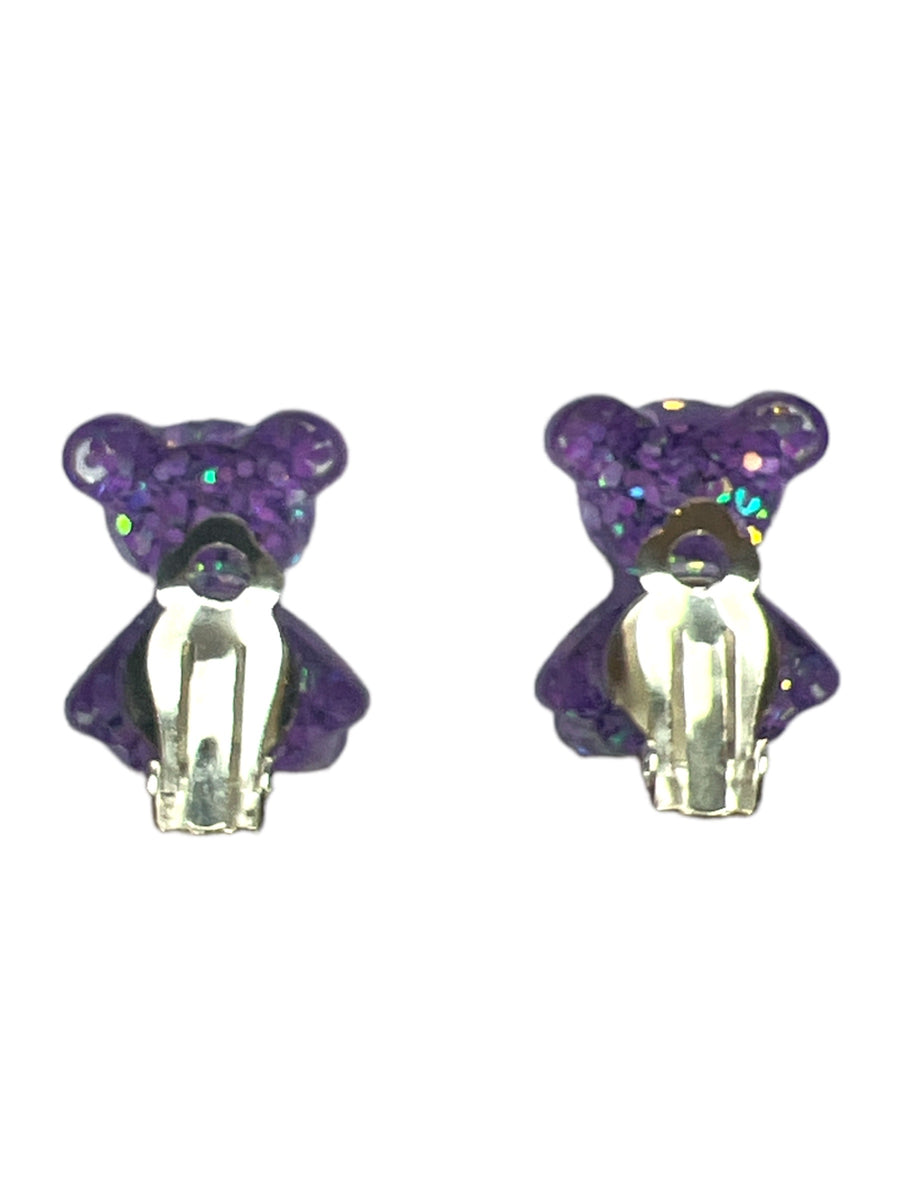 Handmade children's ear clips bear purple glitter
