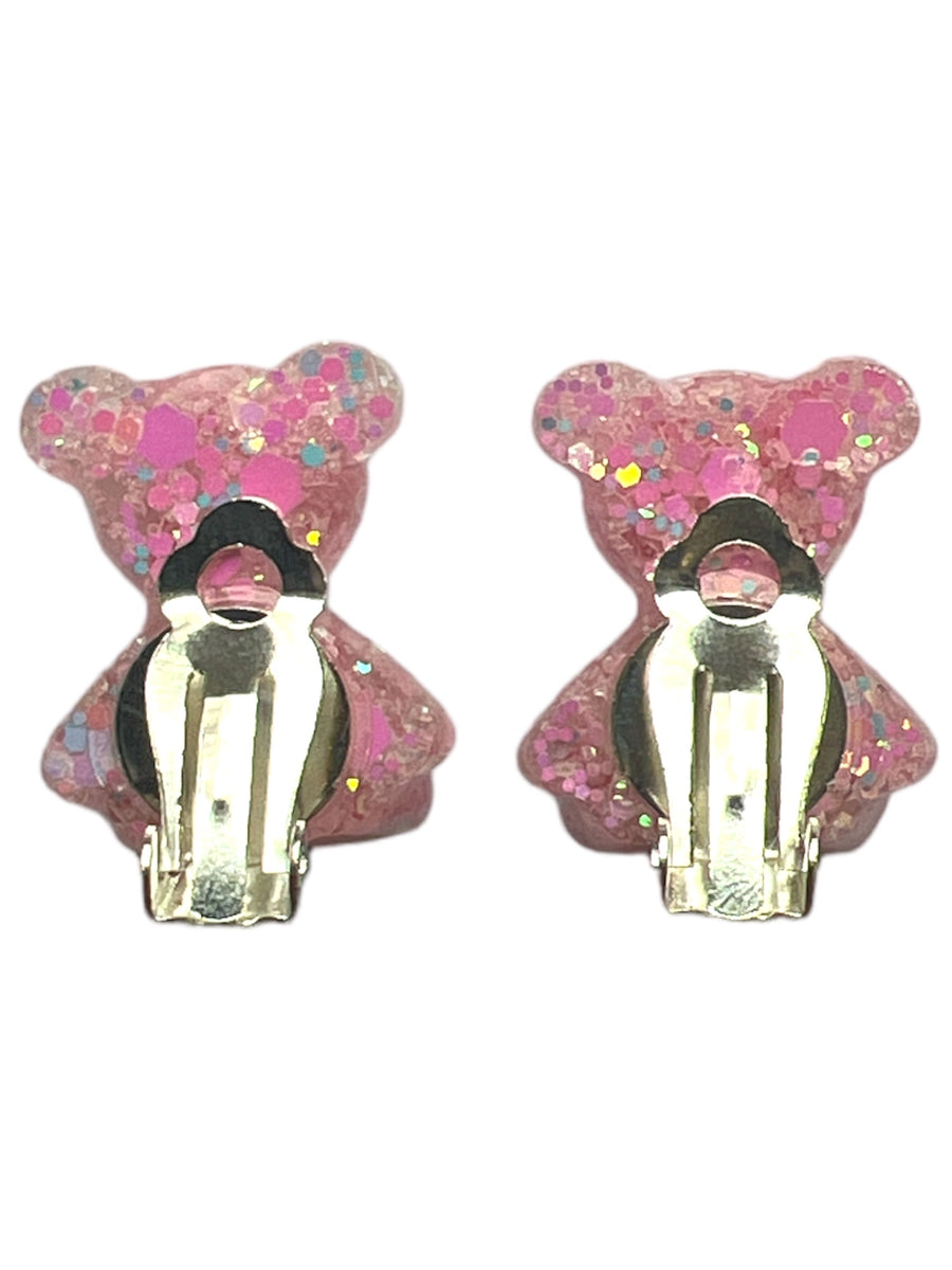 Handmade children's ear clips bear ice pink glitter