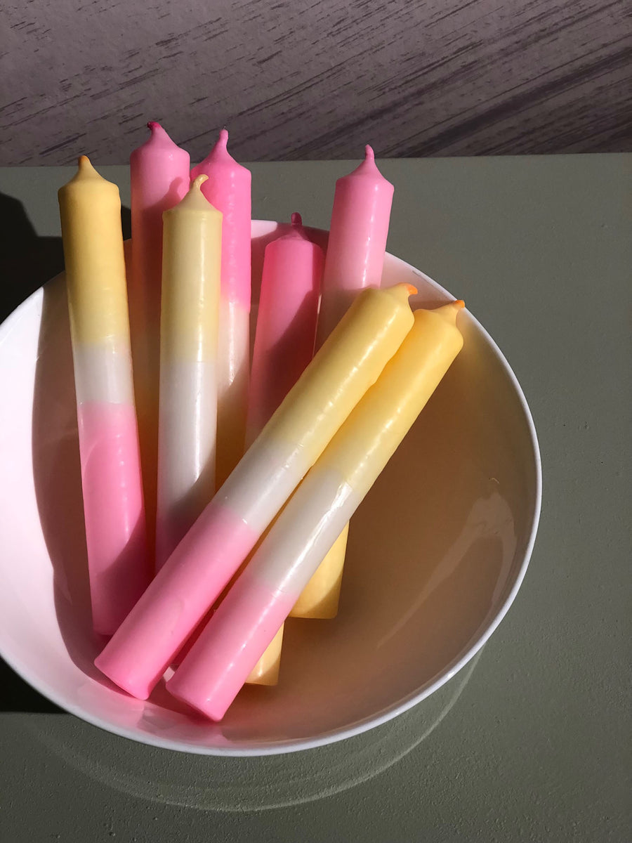 Dip Dye Neon Candles Set of 3 in eye-catching colors pink/yellow hand-finished with soy wax, the interior trend and a great gift
