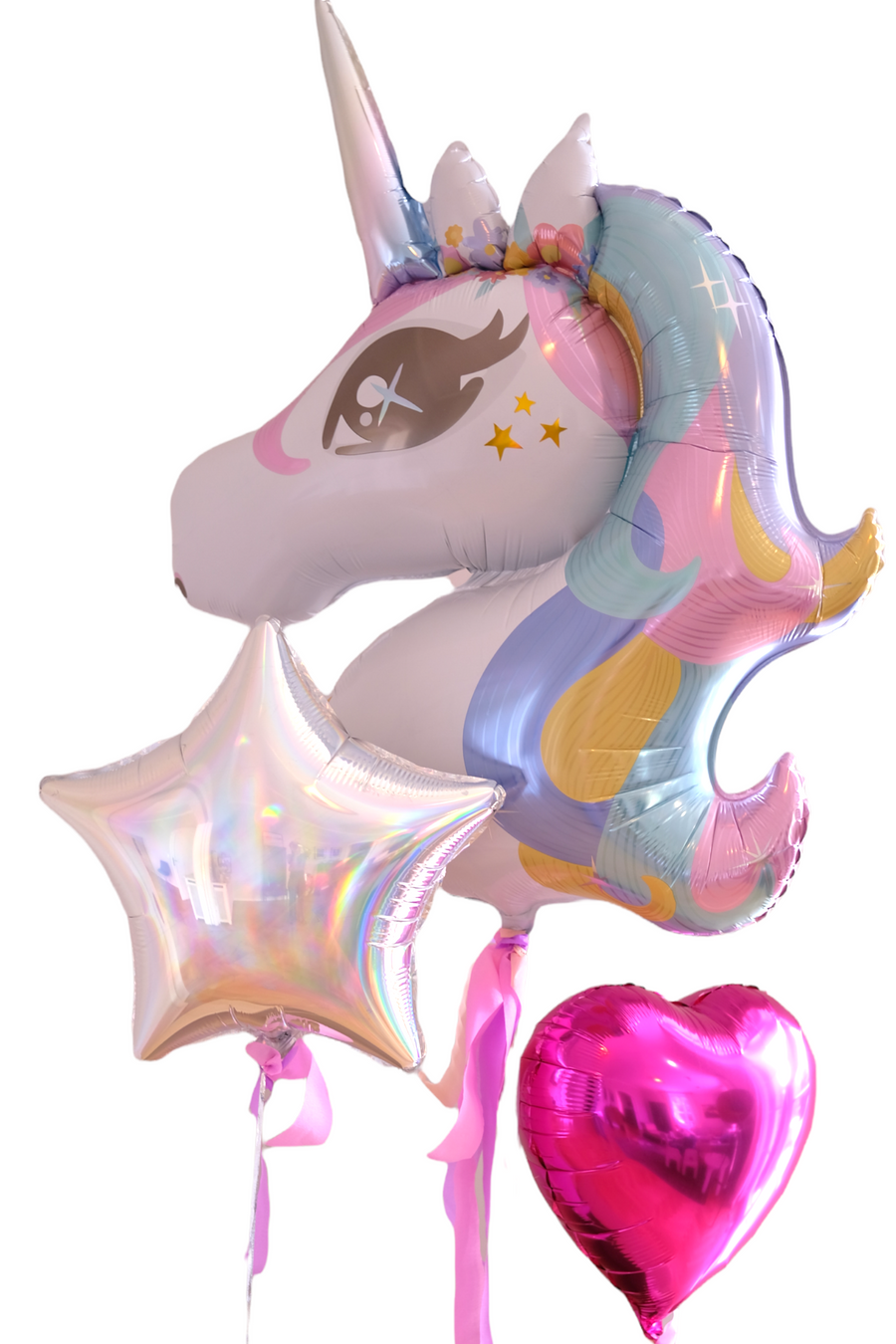 Unicorn foil balloon bouquet filled with helium