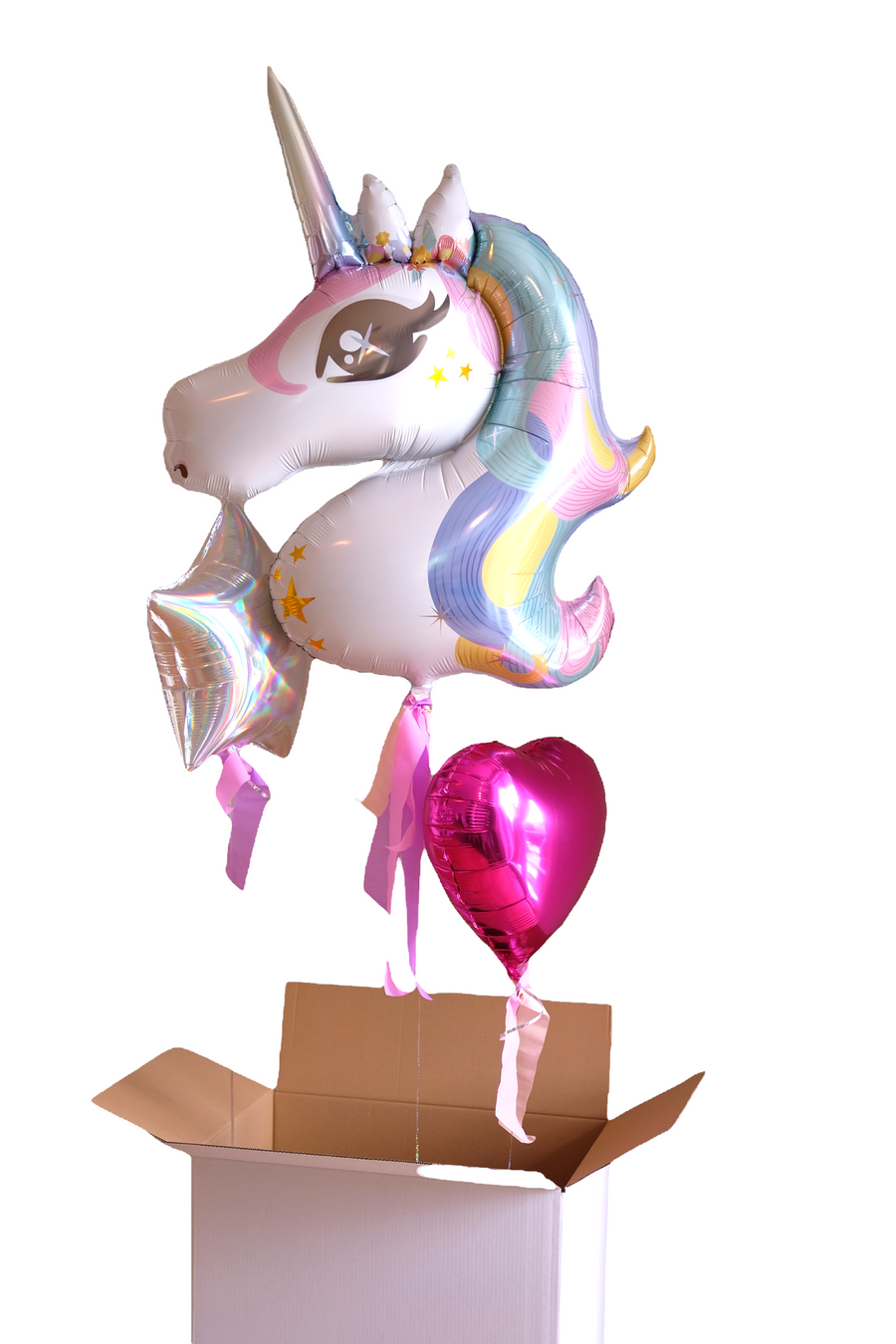 Unicorn foil balloon bouquet filled with helium