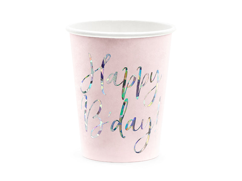 Happy Birthday paper cups in powder pink with holographic lettering