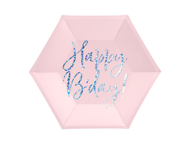 Happy Birthday paper plate in powder pink with holographic lettering