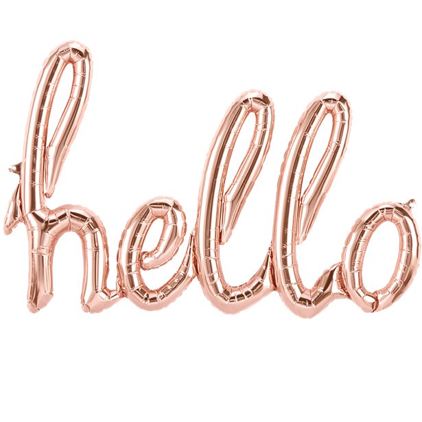 "Hello" balloon lettering rose gold