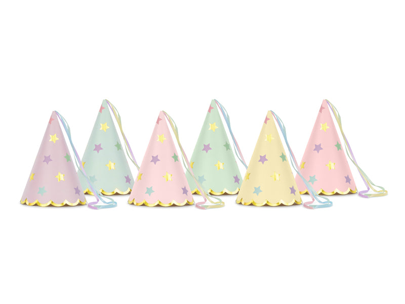 Party hats pack of 6 stars with tail pastel